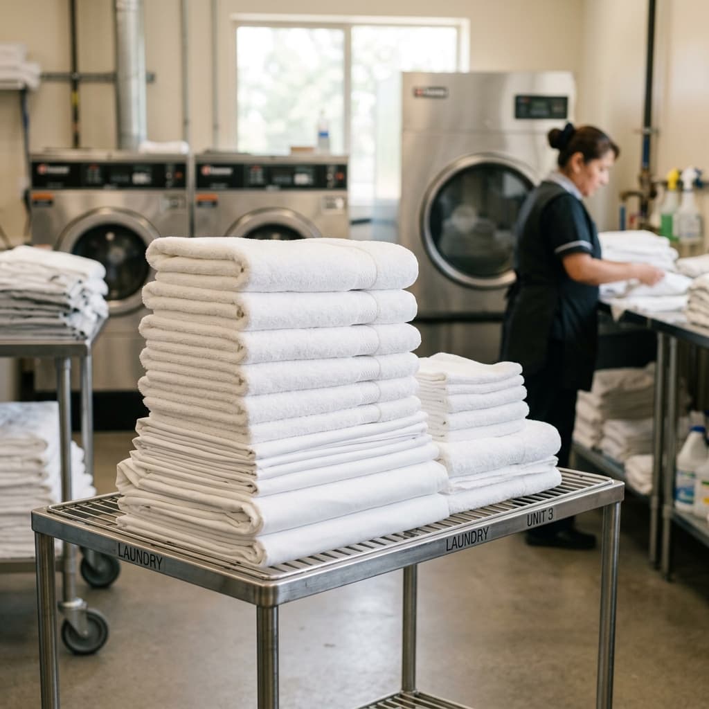 Commercial laundry operation with stacked white towels